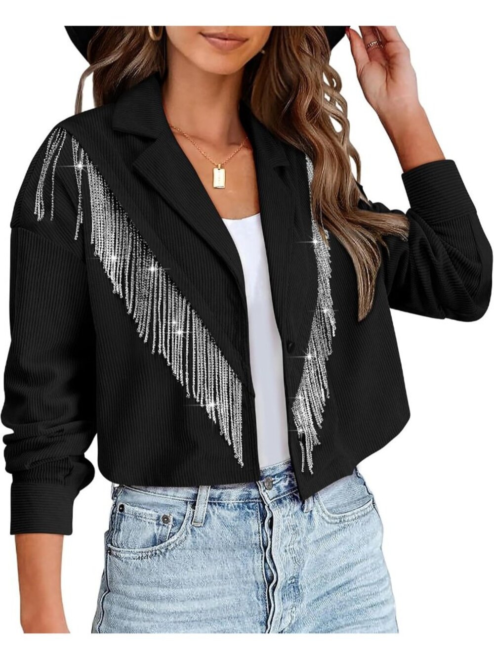 Women's Black Sparkly Fringe Western Cowgirl Cropped Jacket Daily Going Out Wear